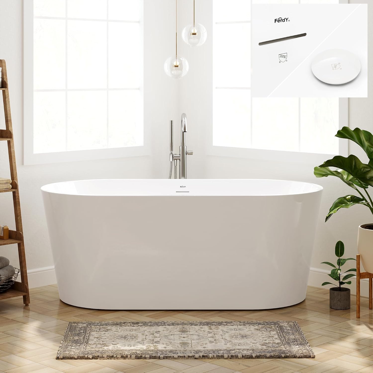 FerdY Shangri-La 59' Acrylic Freestanding Bathtub, Gracefully Shaped Soaking Bathtub, Glossy White, cUPC Certified, Polishe White Drain & Minimalist Linear Design Overflow Included, 02522