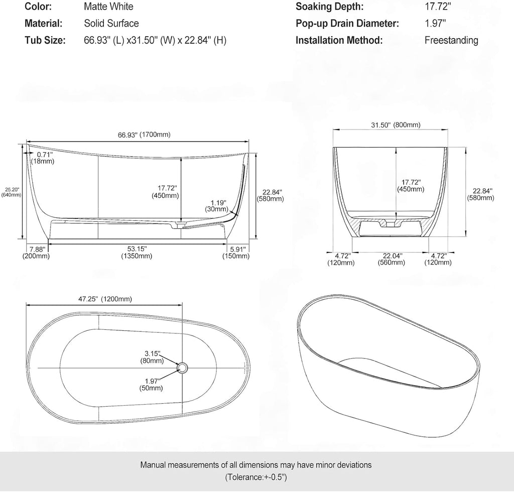 Stone Resin Freestanding Bathtubs,67'Solid Surface Matte White Upgrade One-Piece Molding 18mm Thickened & 30mm Reinforced Overflow edges Luxury Stand Alone Soaking Tub with Drain & Overflow