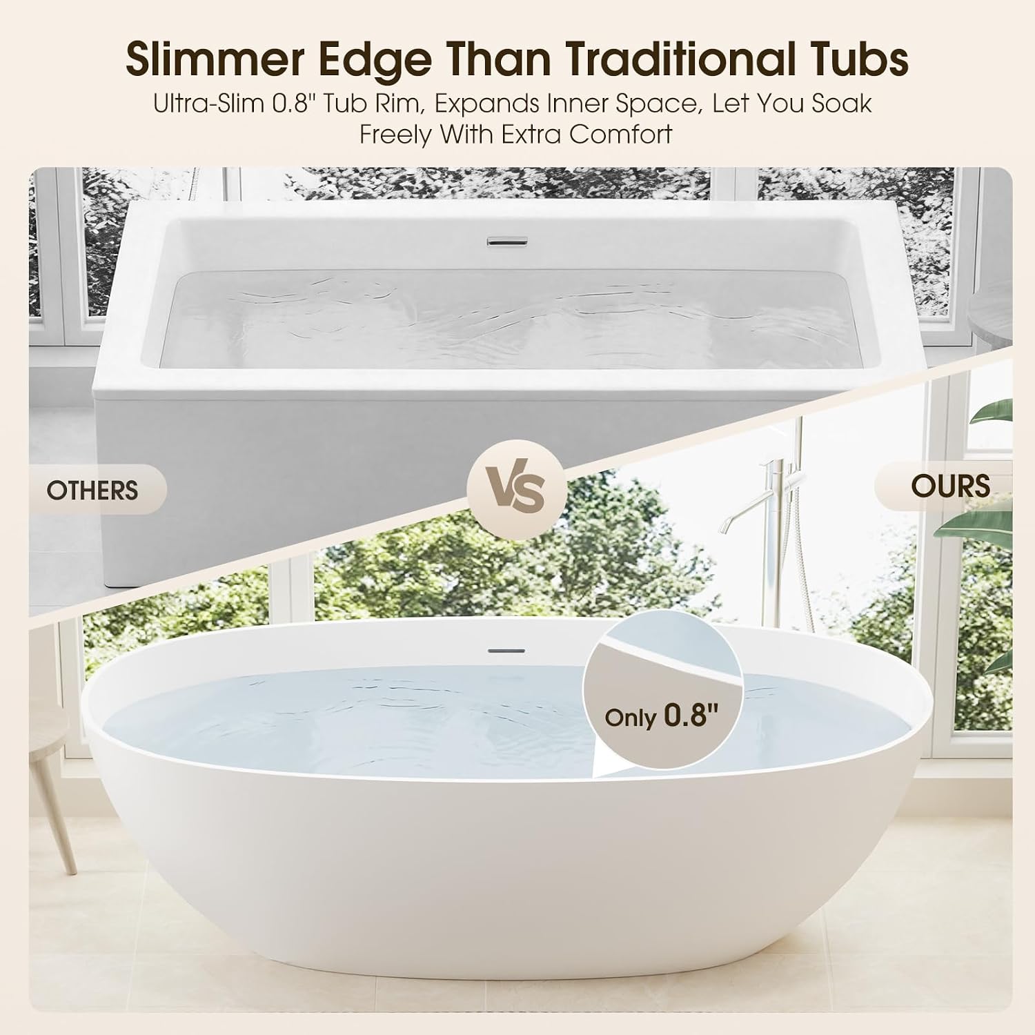 67' Stone Resin Freestanding Soaking Tub, Modern Oval Solid Surface Bathtub with with Overflow & Pop-up Drain, 14.6 Inch Soaking Depth Luxury Soaking Tub, Matte White