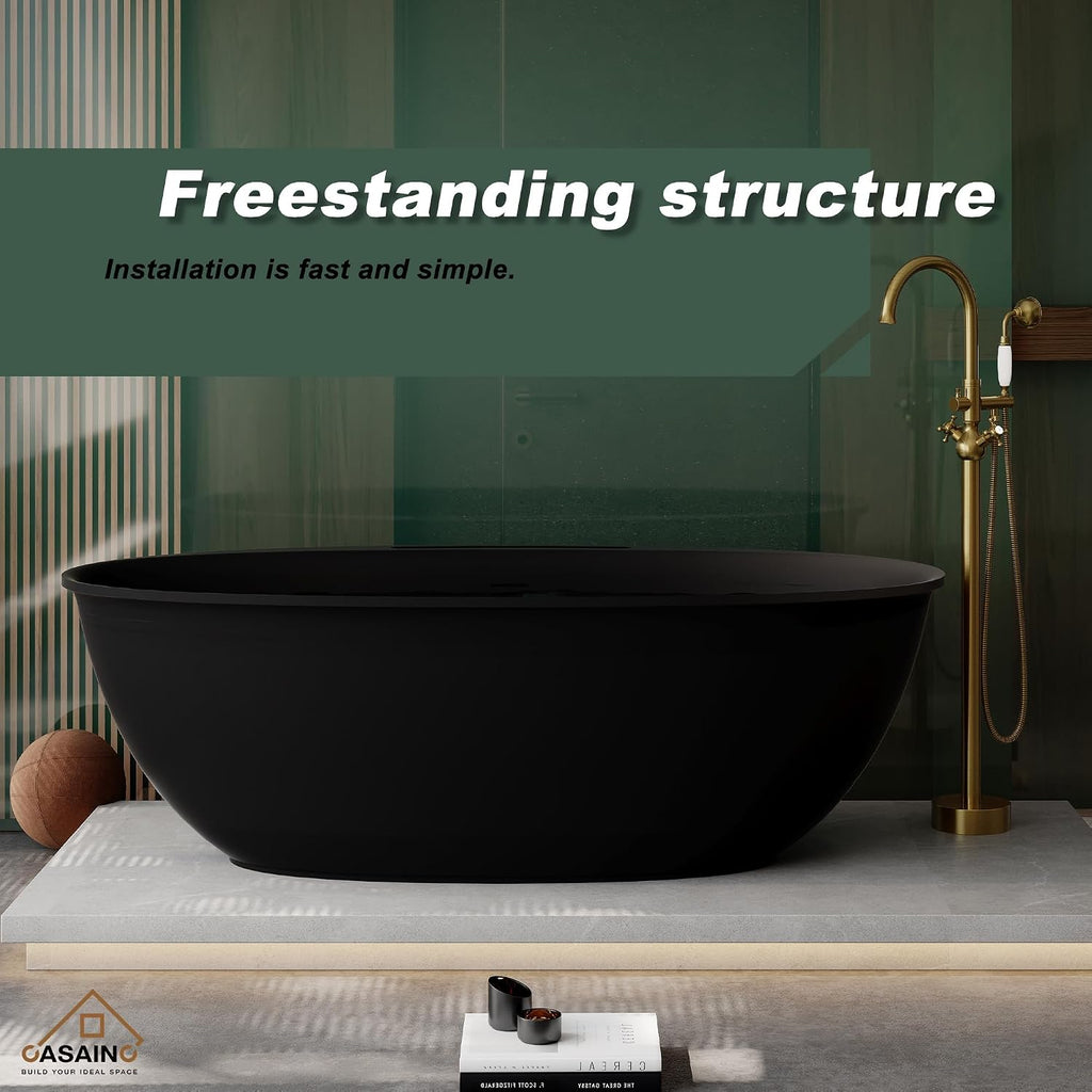 CASAINC 67' Large Space Free Standing Tub, Stone Resin Freestanding Bathtub Matte Black Solid Surface Soaking Tub with Drain, Drain Hose & Sanding Paper