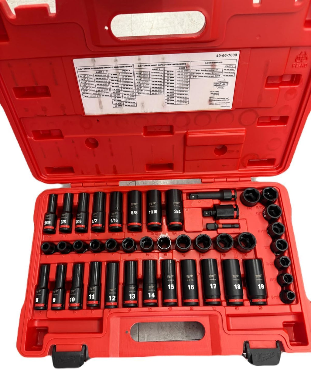 49-66-7009 Impact Socket Set FOR Milwaukee 3/8 Inch Drive SAE Metric SHOCKWAVE Impact Duty 43 Pc Socket Kit with Extension Universal Joint Adapter