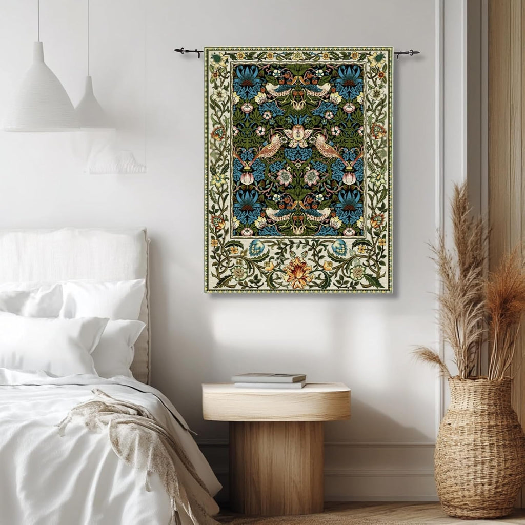 ORIMONY William Morris Strawberry Thief Tapestry - Vintage Floral Bird Art, Medieval Jacquard Woven Tapestry Wall Hanging for Living Room & Bedroom Size 27'x35' (Black)