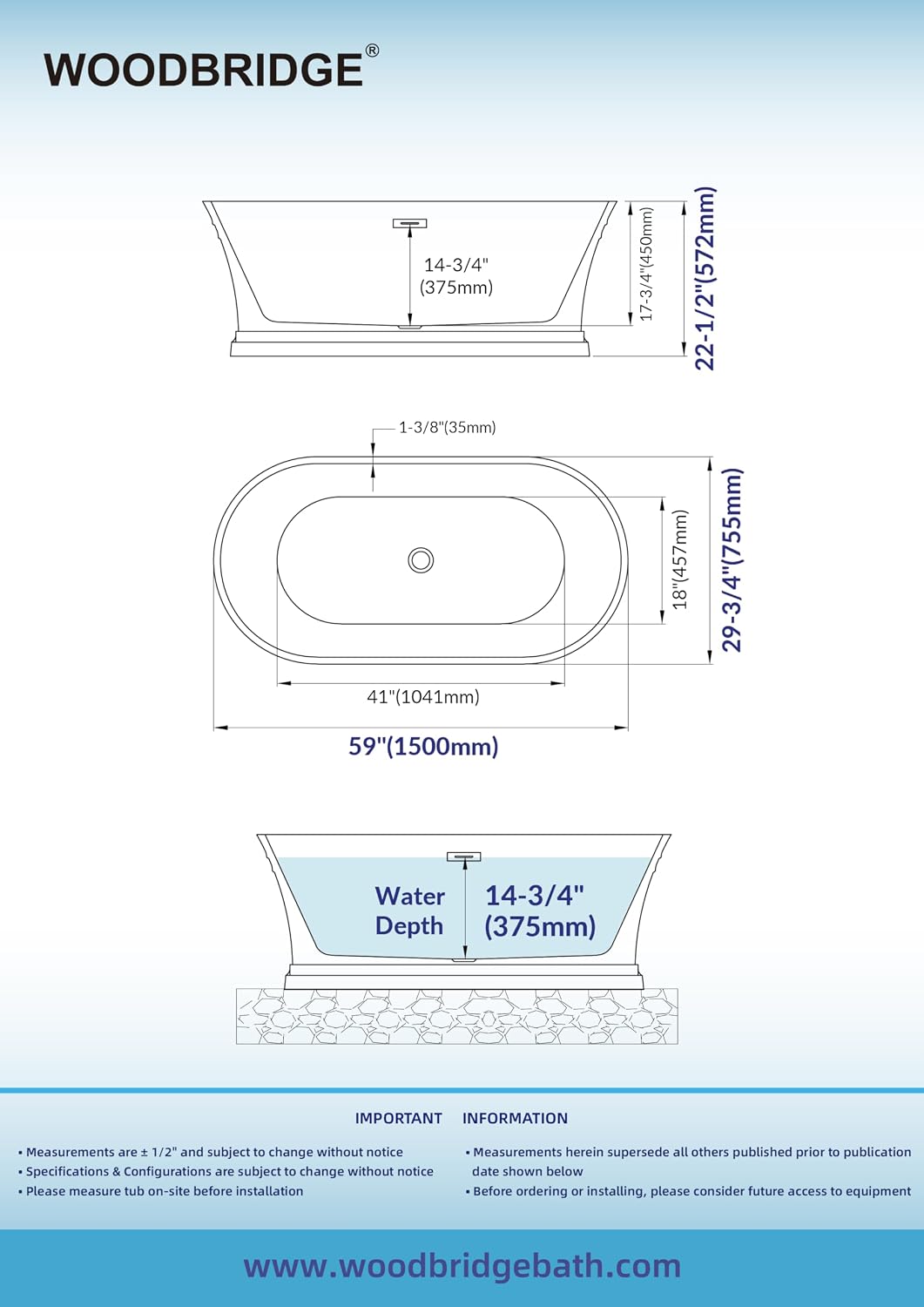 WOODBRIDGE 59 in. Freestanding Double Ended Acrylic Soaking Bathtub with Oil Rubbed Bronze Drain and Overflow, BTA1536-ORB