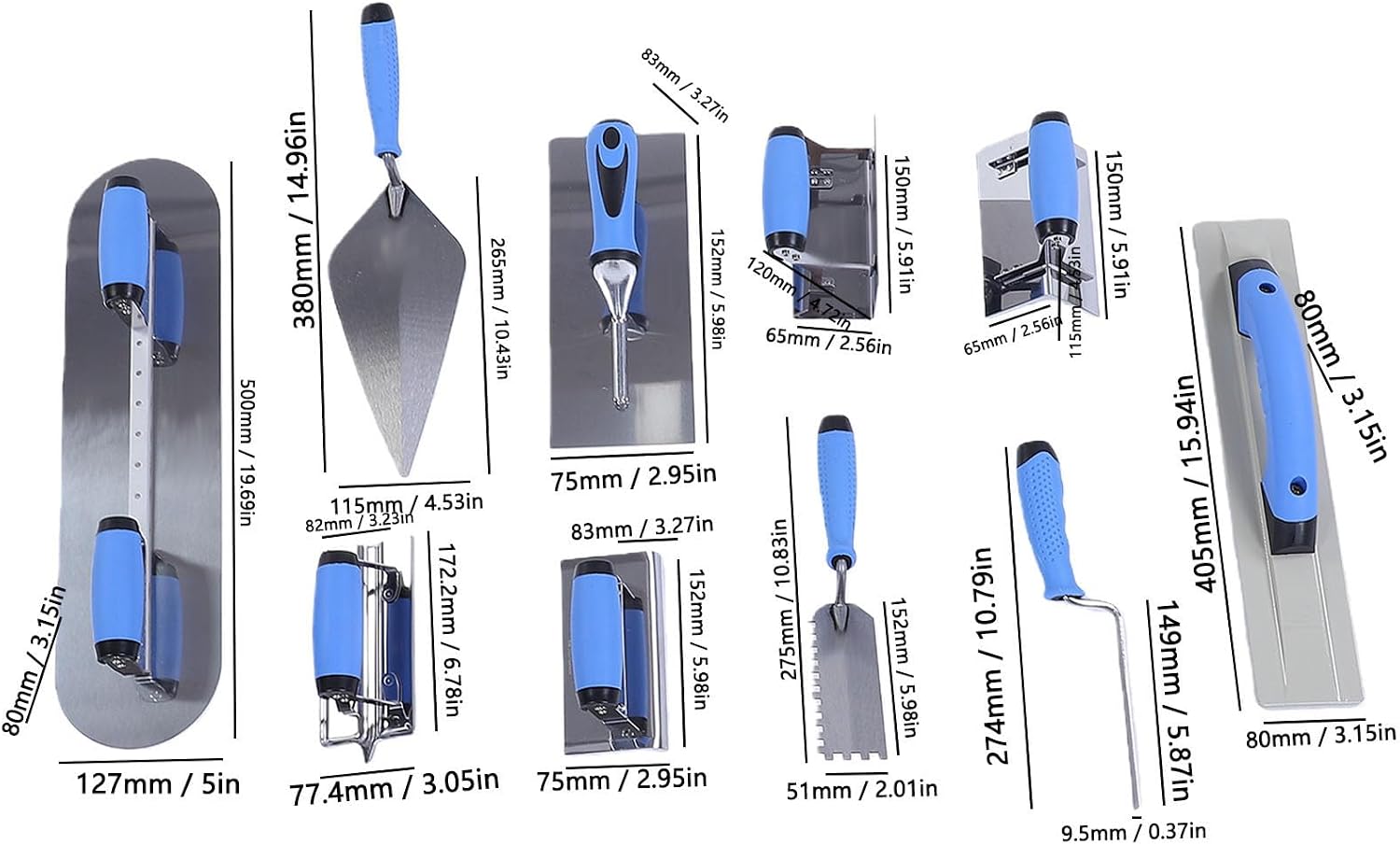 Concrete Trowel Set, Stainless Steel Masonry Hand Tools with Storage Carry Bag, Drywall Taping Knife Set for Grouting, Plastering and Professional Finishing