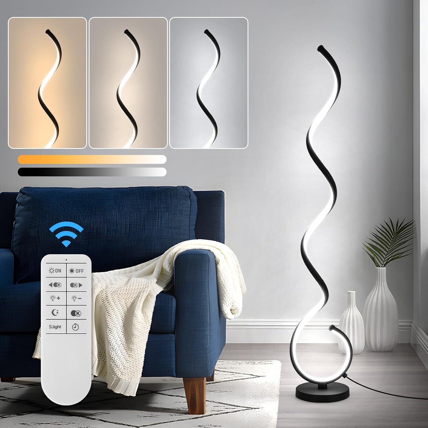 EIDISUNY Modern Floor Lamp for Living Room, 3 Color Temperature LED Spiral Floor Lamps with Remote&Foot Switch, 48W Dimmable LED Standing Lamp for Bedroom, Office(Black)
