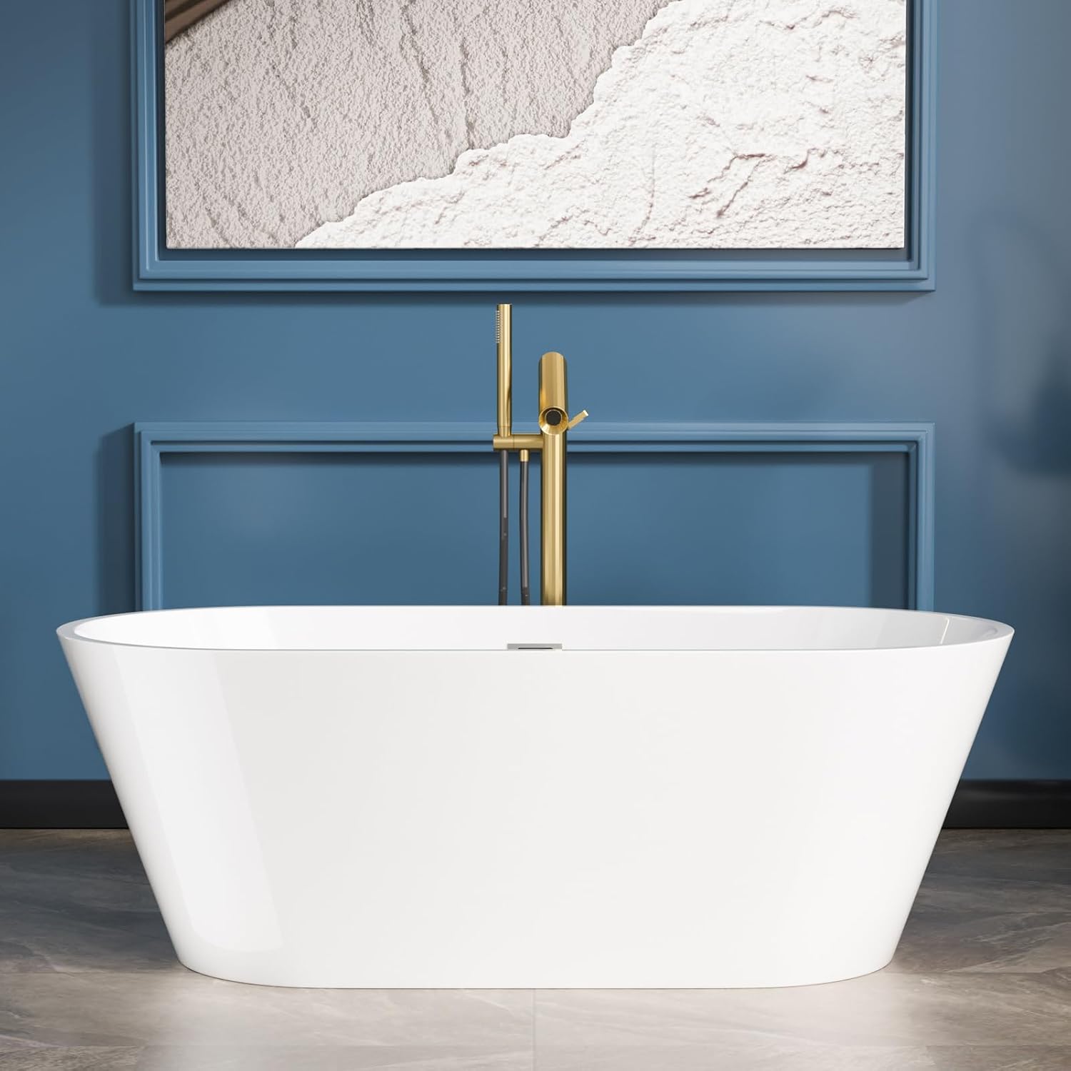 Sarlai 63 Inch Acrylic Freestanding Soaking Bathtub Contemporary Soaking White Tub Stand Alone Ergonomic Bathtub with Chrome Drain and Overflow