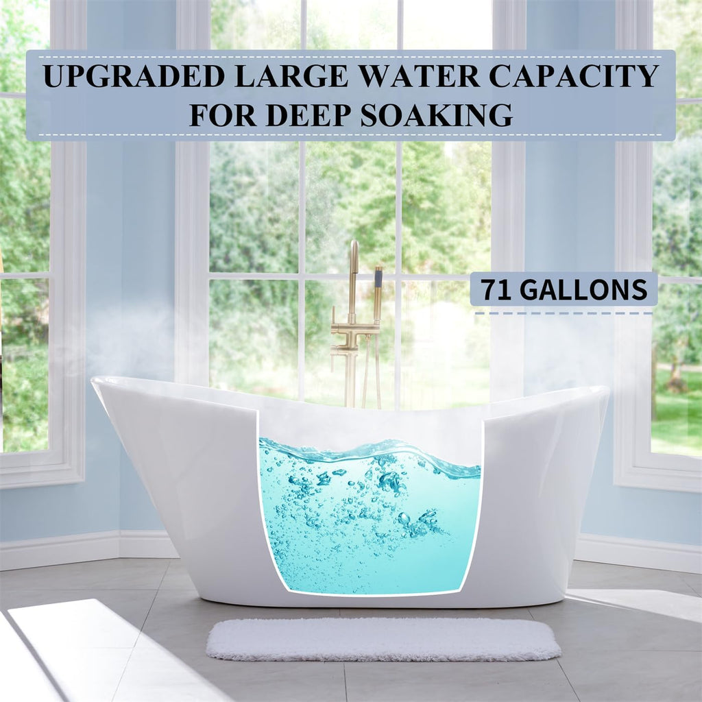 WELLFOR 67' Freestanding Bathtub, 71 Gallons Capacity, Acylic Soaking Bath Tub with Chrome Bathtub Drain and Groove Overflow, Freestanding Soaking Tub Sutiable for 1 Person, Glossy White