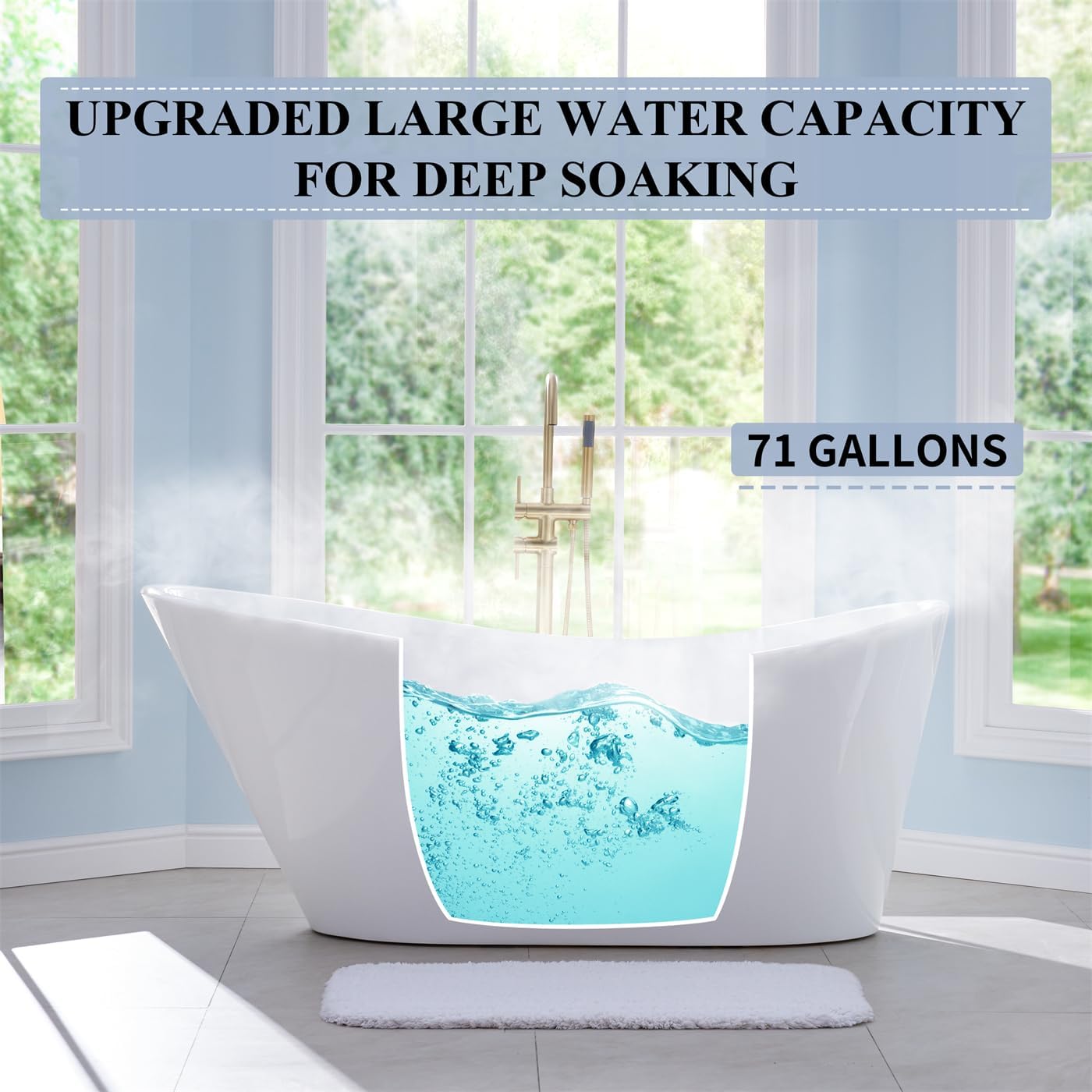 WELLFOR 67' Freestanding Bathtub, 71 Gallons Capacity, Acylic Soaking Bath Tub with Chrome Bathtub Drain and Groove Overflow, Freestanding Soaking Tub Sutiable for 1 Person, Glossy White