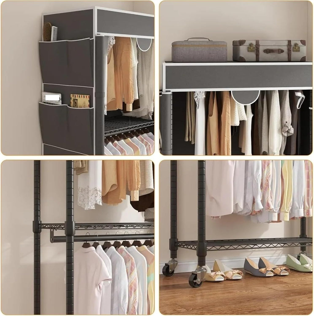 Portable Closet Rolling Garment Rack with Cover, Heavy Duty Clothing Rack for Hanging Clothes, Portable Closet Wardrobe with Adjustable Shelves(Black)