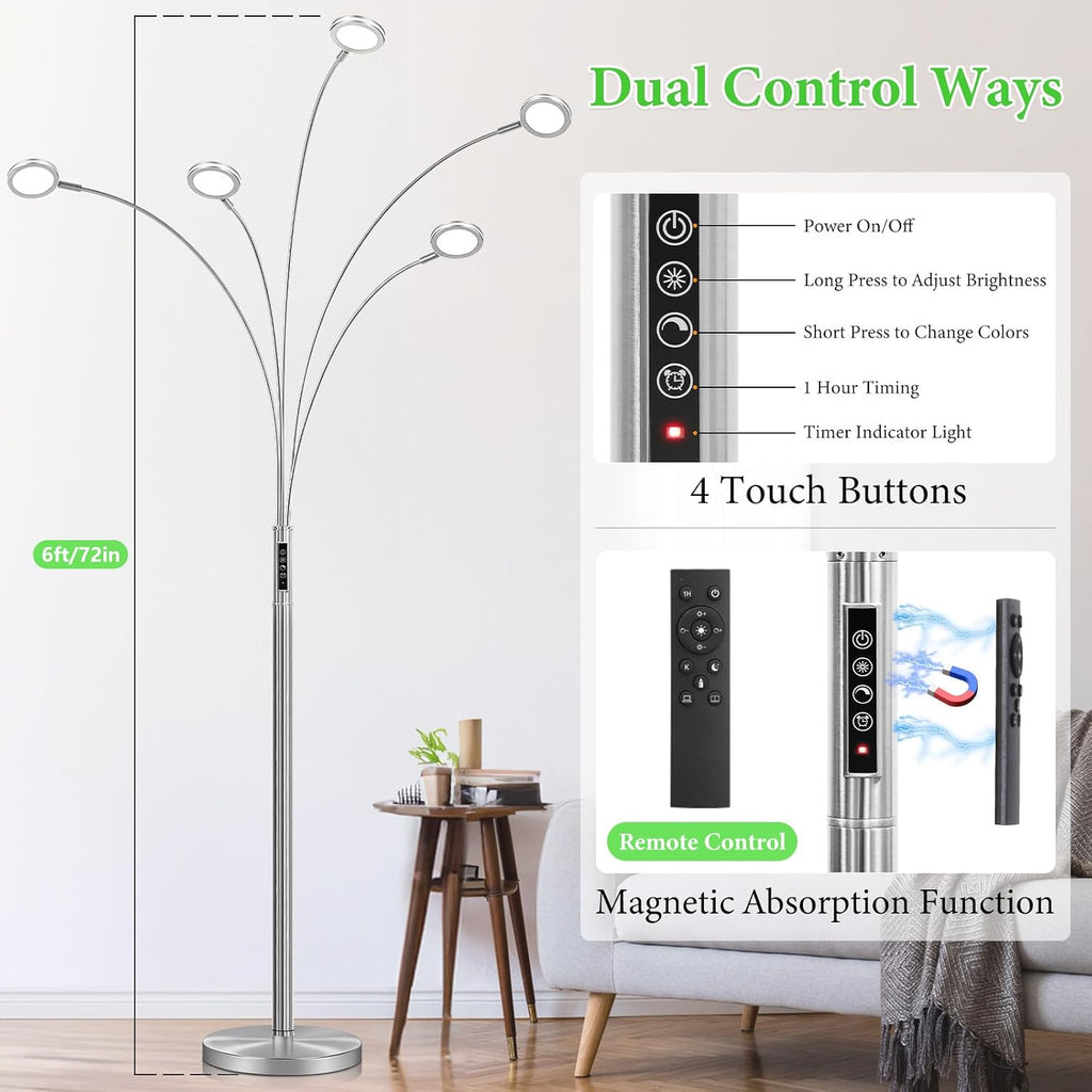 LED Arc Floor Lamp with Remote, 2250LM Dimmable Floor Lamp with Timer, Adjustable Colors, Brightness & 5 Adjustable Arms, Multi-Head Tall Standing Lamp for Living Room Bedroom Office, Satin Nickel