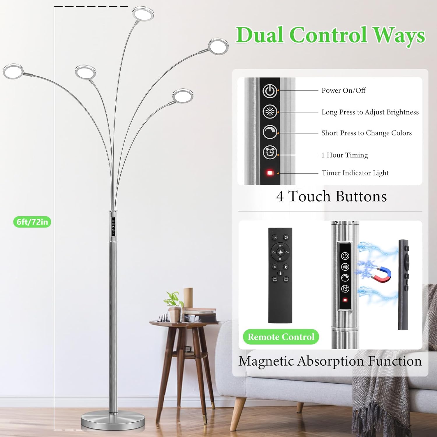LED Arc Floor Lamp with Remote, 2250LM Dimmable Floor Lamp with Timer, Adjustable Colors, Brightness & 5 Adjustable Arms, Multi-Head Tall Standing Lamp for Living Room Bedroom Office, Satin Nickel