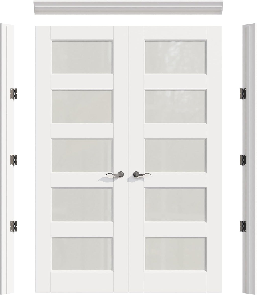 Prehung French Door 60' x 80' (2x30 in), Tempered Frosted Glass Door Slabs with Jamb, Black Hinges, 4 Levers & Latch, Solid Core Interior Door, Pre-Finished & Paintable, MDF Double Doors Interior