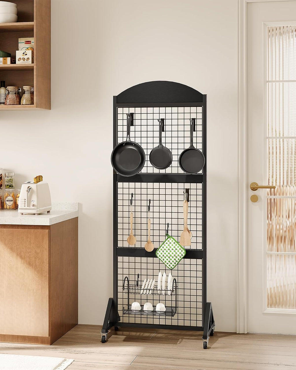 CHOEZON 2 Packs Grid Wall Panel 5.7' x 2' FT Grid Display Rack with Wheels, Movable Gridwall Display Stand with 8 S-Shaped Hooks and 8 Garment Hooks, Floorstanding Wire Grid Rack, Black TCJ17P2BB