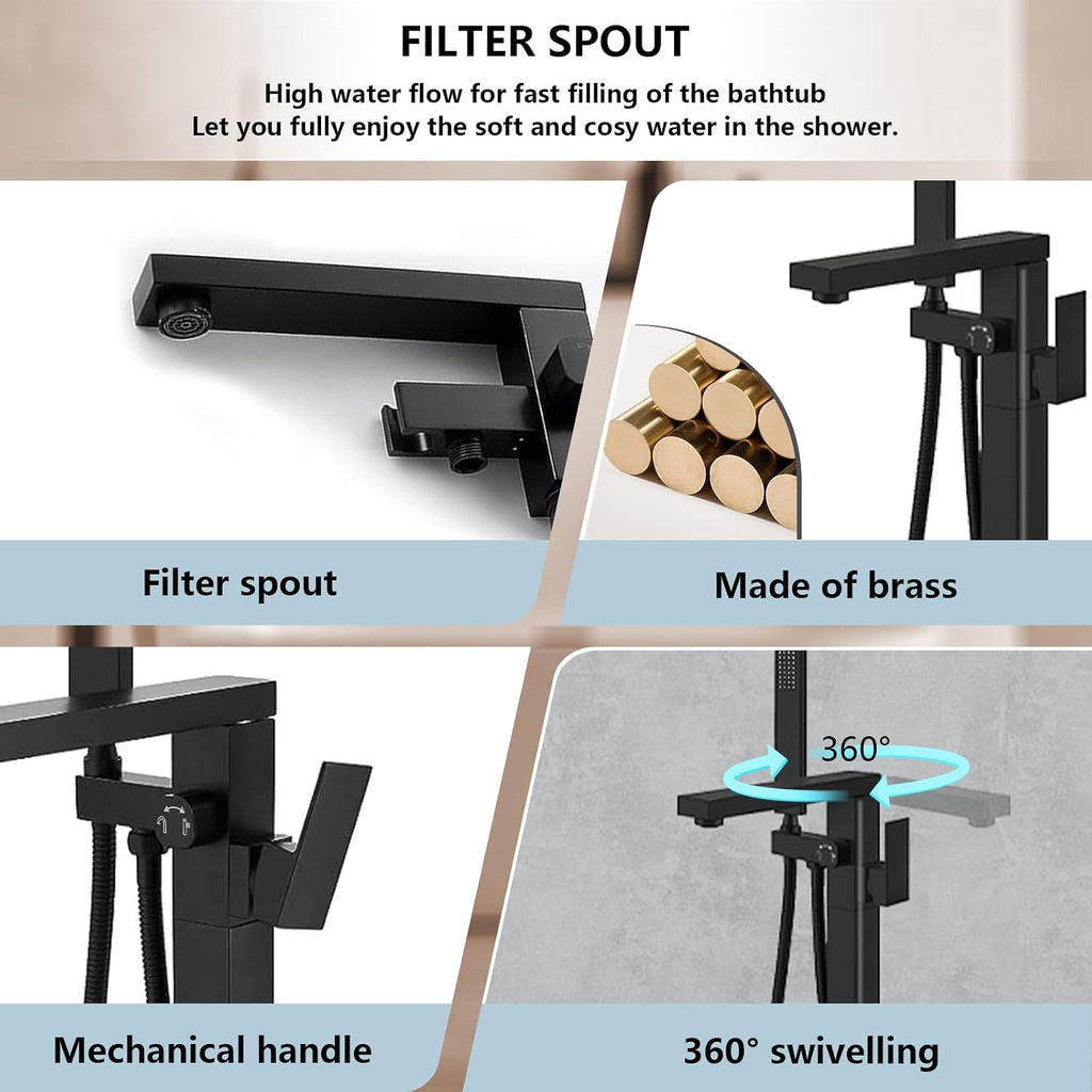 Dollate Matte Black Bathtub Filler Freestanding Tub Filler Floor Mount Tub Faucet, Waterfall floor standing bathtub filler faucet with hand sprayer and swivel tub sprayer