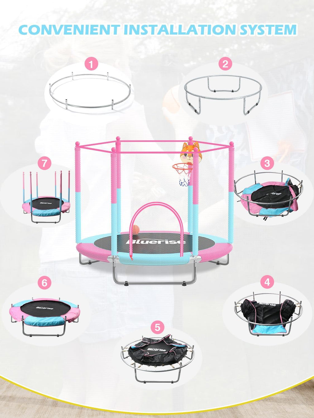 BLUERISE 60' Trampoline for Kids 5FT Toddler Trampolines Indoor/Outdoor with Adjustable Gymnastics Bar & Safety Net, No-Gap Design, Anti-Rollover Bottom, Basketball Hoop, Gifts for Boys & Girls
