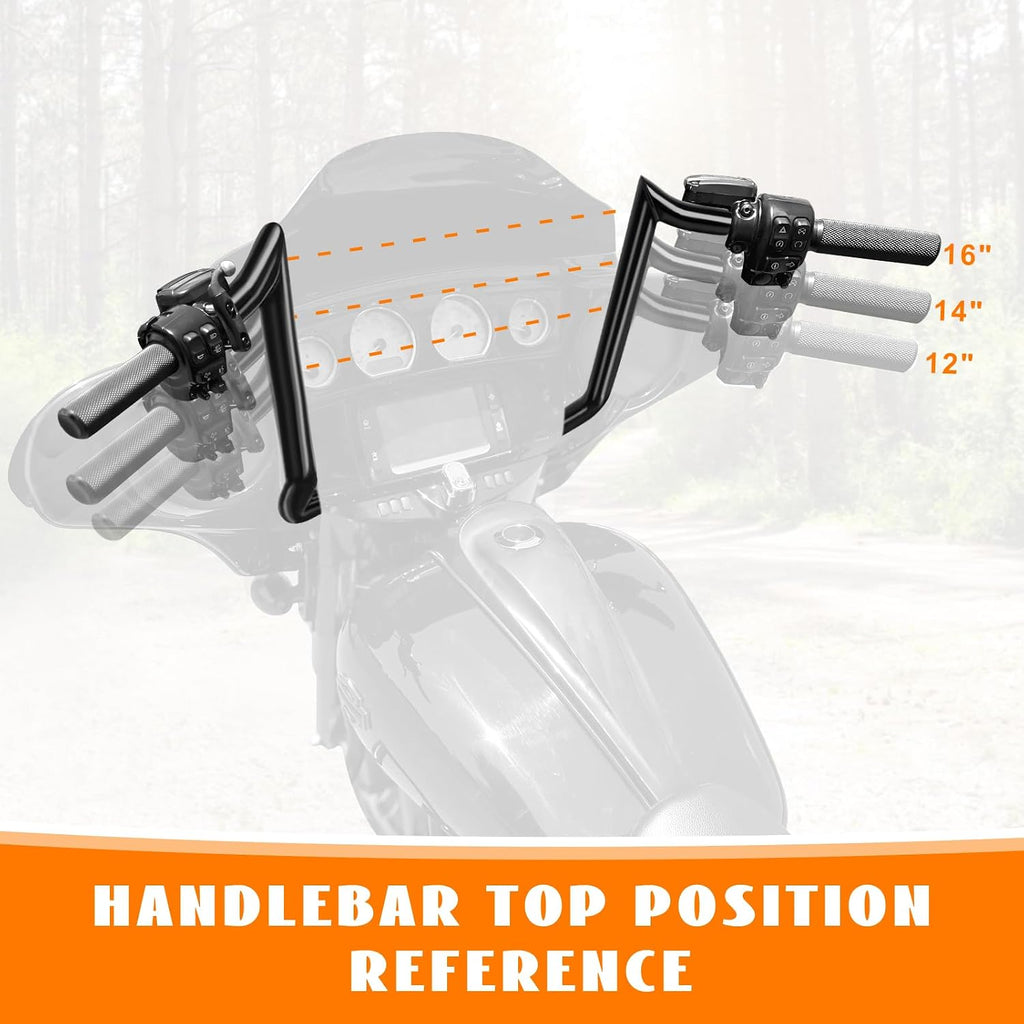 12' Rise Pre-Wired Ape Hangers Handlebars 1 1/4' Fat 1' Clamp Meathook Monkey Bar Gloss Black Fit for Harley Touring Miter Cut 2013 Cvo 2016-2023 Street Glide Electra Glide Ultra Limited