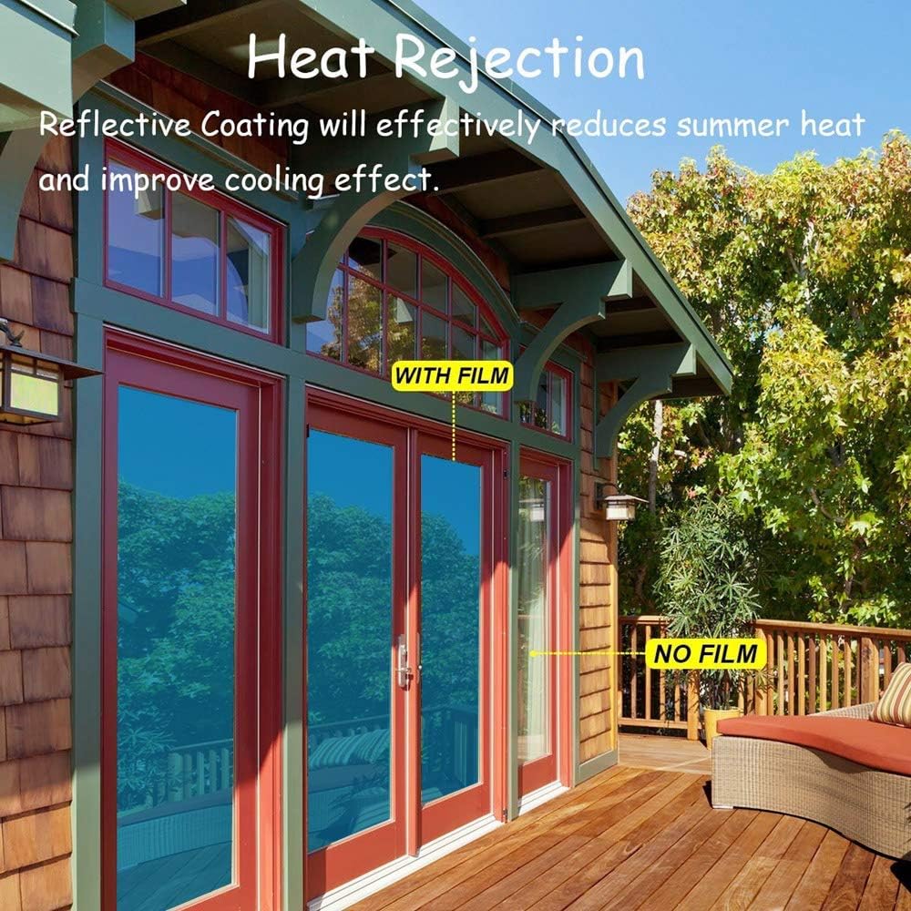Window Film Daytime Privacy Protection One Way Mirror Reflective Adhesive Window Tint Heat Control Anti UV Window Glass Film, 35.4Inch x 66Feet, Blue Silver