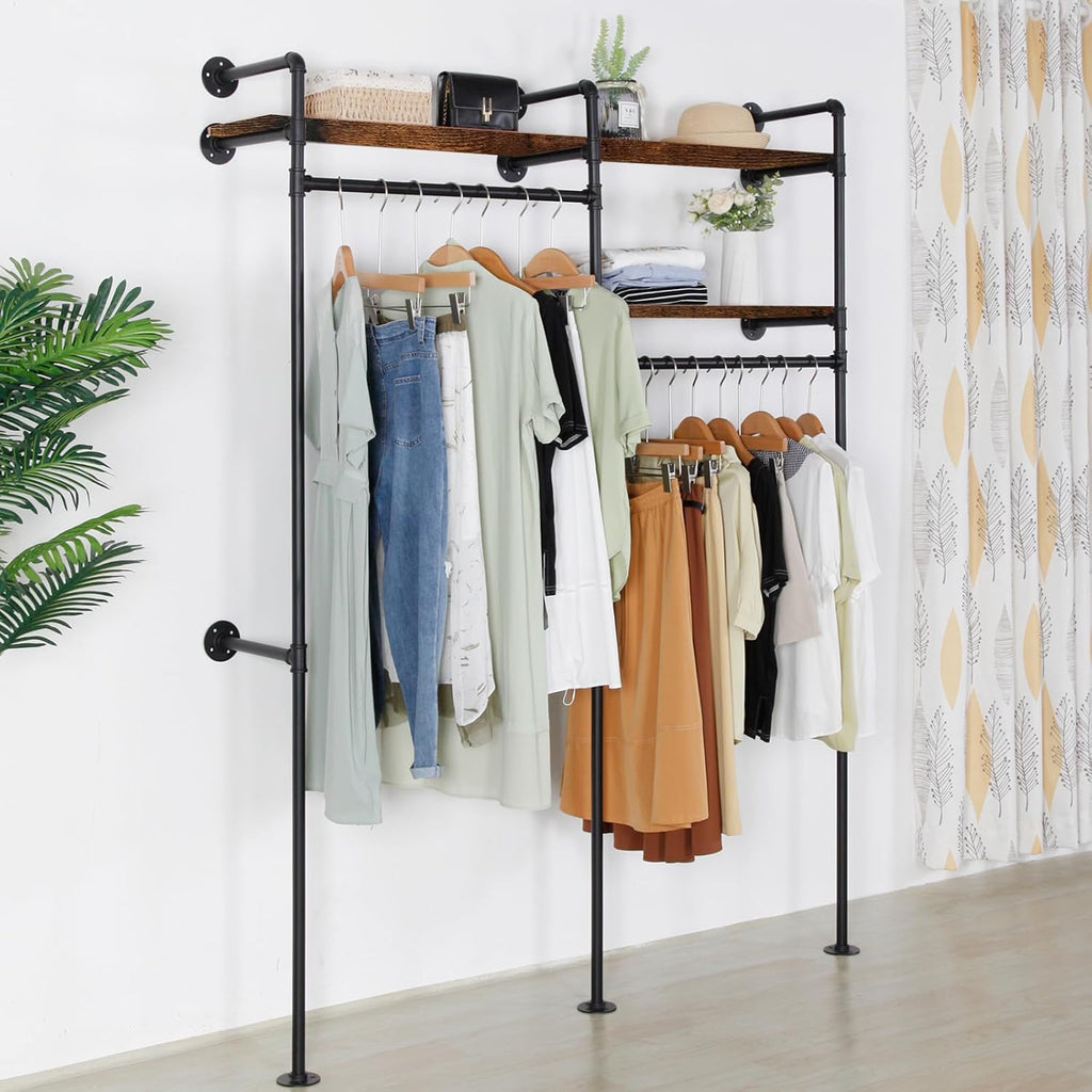 Industrial Pipe Clothing Rack - Black Wall Mounted Clothes Rack with 2 Hanging Rods & 2 Wooden Shelves, Closet Organizers and Storage for Retail Store, Bedroom (79.5 x 59in)