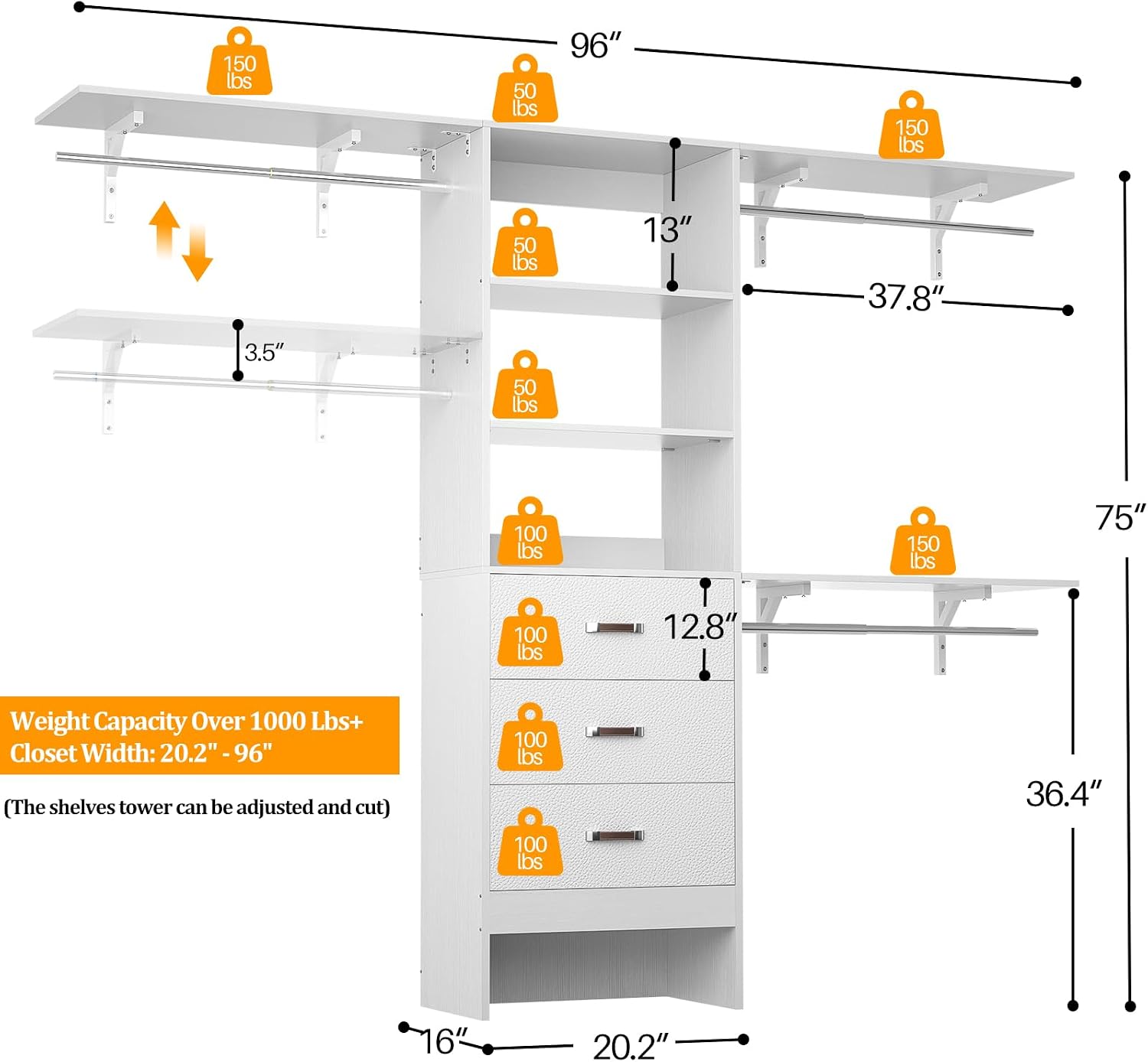 Closet System with 3 Drawers - 8FT Wood Closet Organizer with 3 Shelving Tower & Hanging Rods, 96' Walk-in Wardrobe Closet Organizer System for 4-8FT Spaces, Heavy Duty Garment Clothes Rack, White