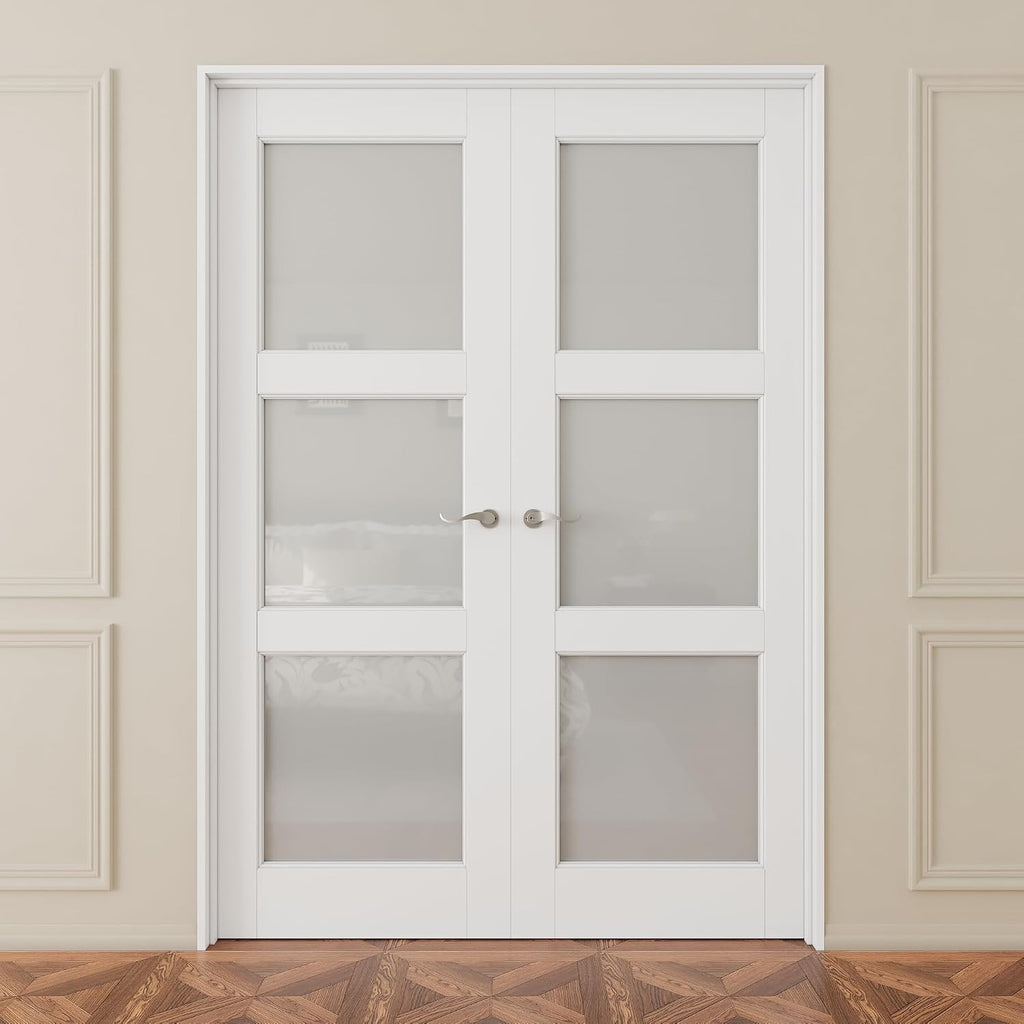 French Door 36' x 80' (Double 18' x 80') 3-Lite Frosted Glass Door Slabs with Pre-hung Jamb, Silver Hinges, Levers and Latch, White Primed, French Interior Doors with frame, Swing Double Bedroom Doors