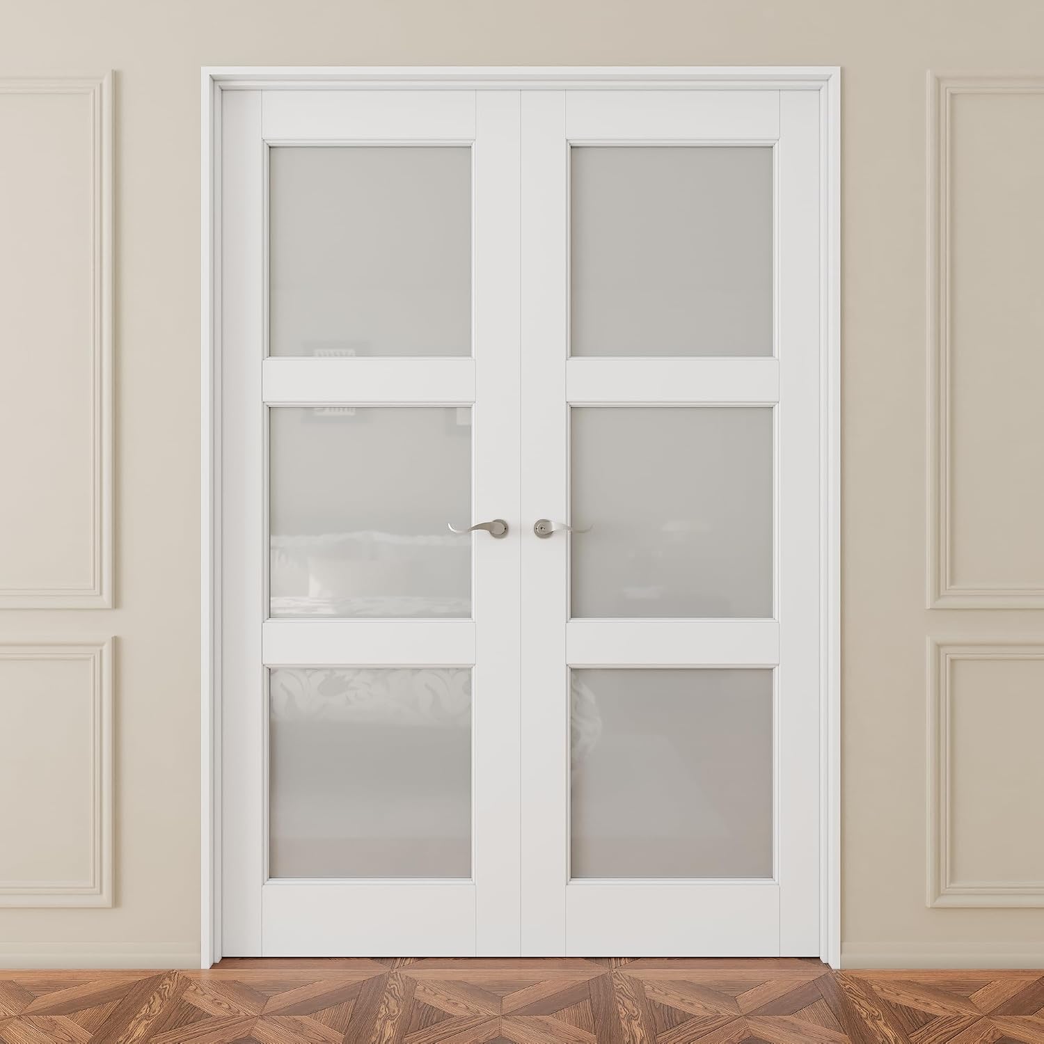 French Door 36' x 80' (Double 18' x 80') 3-Lite Frosted Glass Door Slabs with Pre-hung Jamb, Silver Hinges, Levers and Latch, White Primed, French Interior Doors with frame, Swing Double Bedroom Doors