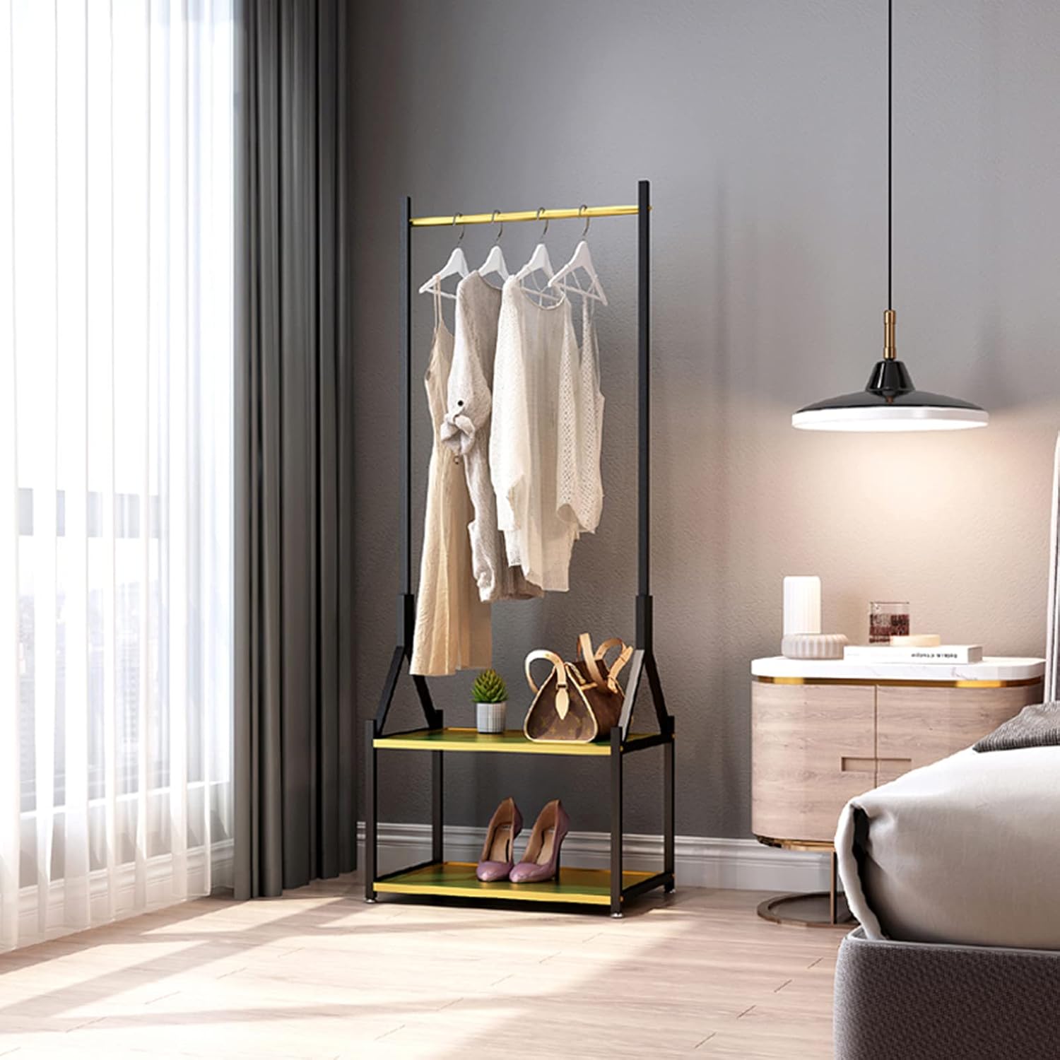 Garment Rack Freestanding Coat Rack with 2 Tier Shelves, Heavy Duty Metal Garment Rack for Hanging Clothes, Large Capacity Clothes Organizer for Bedroom and Living Room, Space Savi(Size:60x40x160CM)