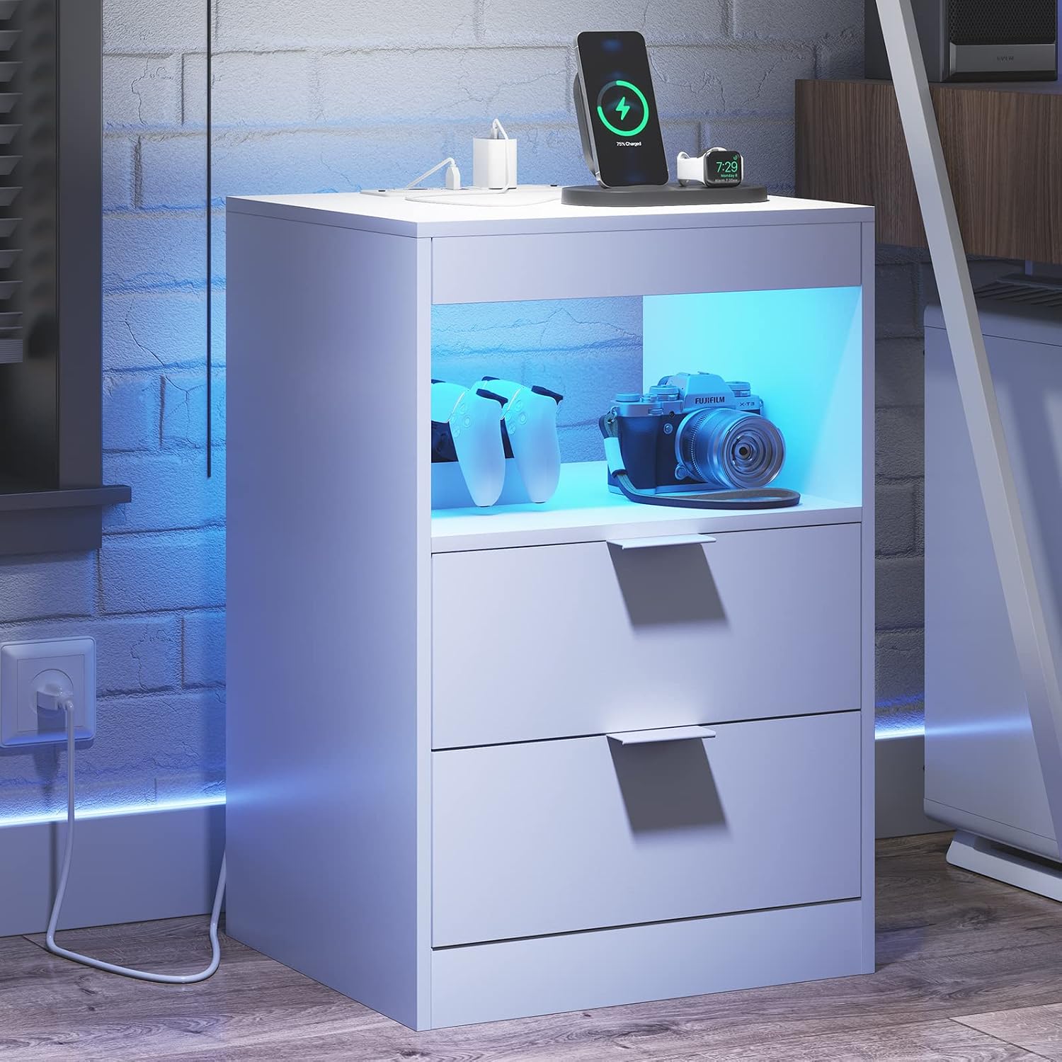 Tiptiper White Nightstand Set of 2, LED Nightstand with Wireless Charging Station, Night Stand with Drawers & Pull-Out Shelf, Modern Bedside Table with Storage, End Table Side Table