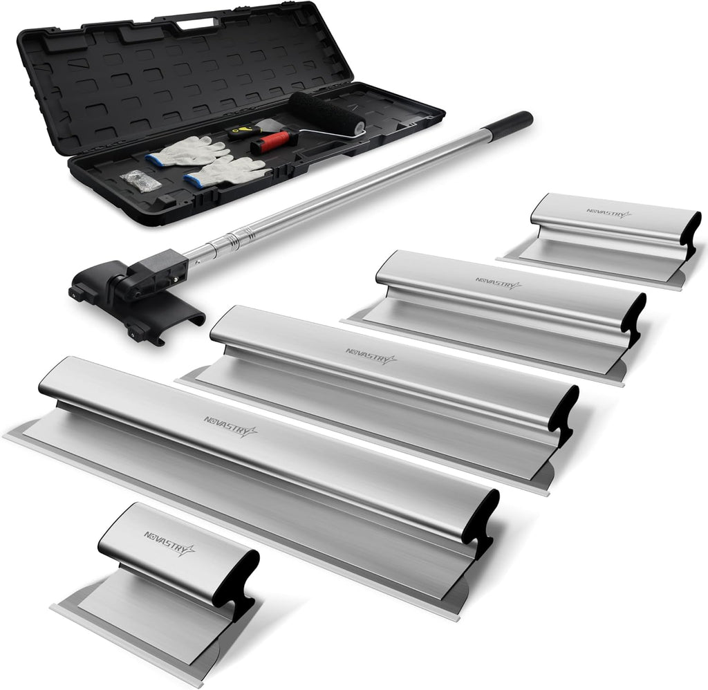 Professional Drywall Skimming Blade Kit (12', 16', 24', 32' & 40'), Stainless Steel Wall Finishing Tools with Extension Pole, Roller & Putty Knife, Lightweight Set with Carrying Case