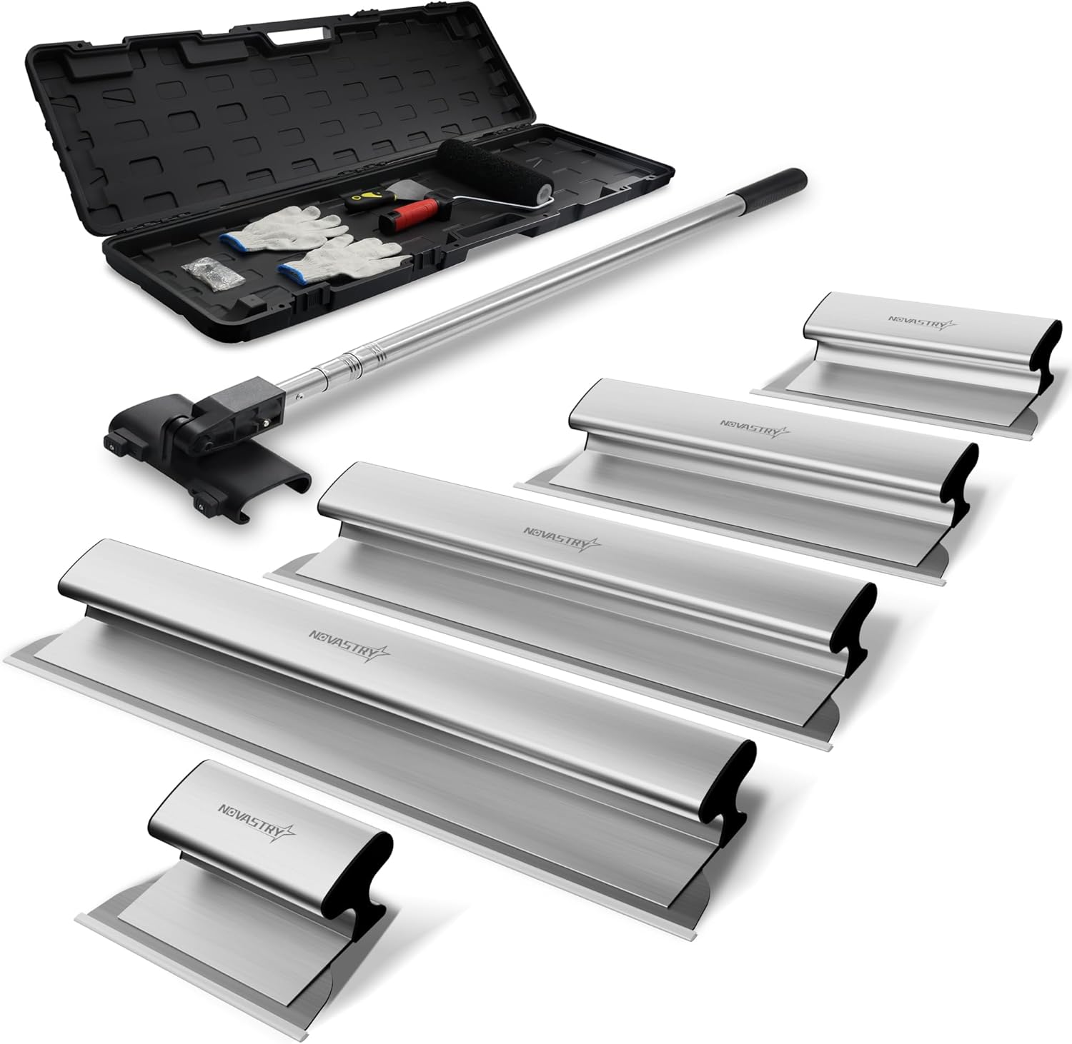 Professional Drywall Skimming Blade Kit (12', 16', 24', 32' & 40'), Stainless Steel Wall Finishing Tools with Extension Pole, Roller & Putty Knife, Lightweight Set with Carrying Case