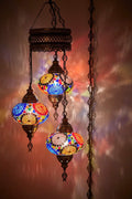 DEMMEX Plug-in Turkish Hanging Lamp, Handmade Moroccan Mosaic Chandelier Pendant Light Fixture with 15-ft Cord & Chain, Decorative Ceiling Lamp for Living Room, Bedroom, 3 Large 7'' Globes, 3.5 ft.