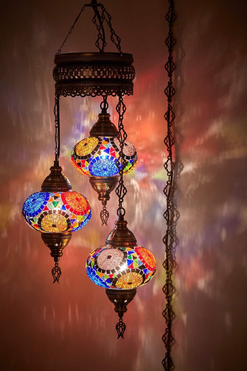 DEMMEX Plug-in Turkish Hanging Lamp, Handmade Moroccan Mosaic Chandelier Pendant Light Fixture with 15-ft Cord & Chain, Decorative Ceiling Lamp for Living Room, Bedroom, 3 Large 7'' Globes, 3.5 ft.
