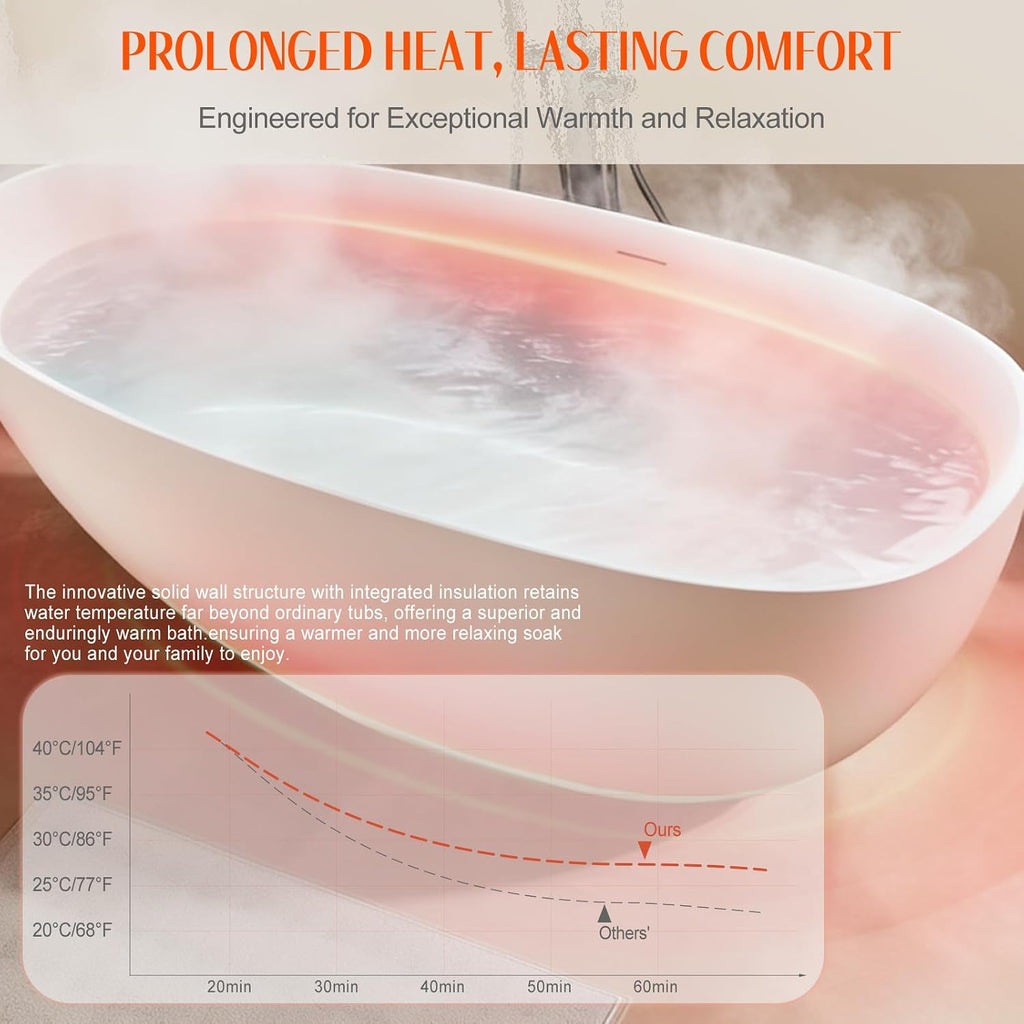 Stone Resin Freestanding Bathtubs,67'Solid Surface Matte White Contemporary Luxury Free Standing Oval Soaking Tub,Egg Shell Bathroom decor Bath tub with Drain & Integrated Slotted Overflow