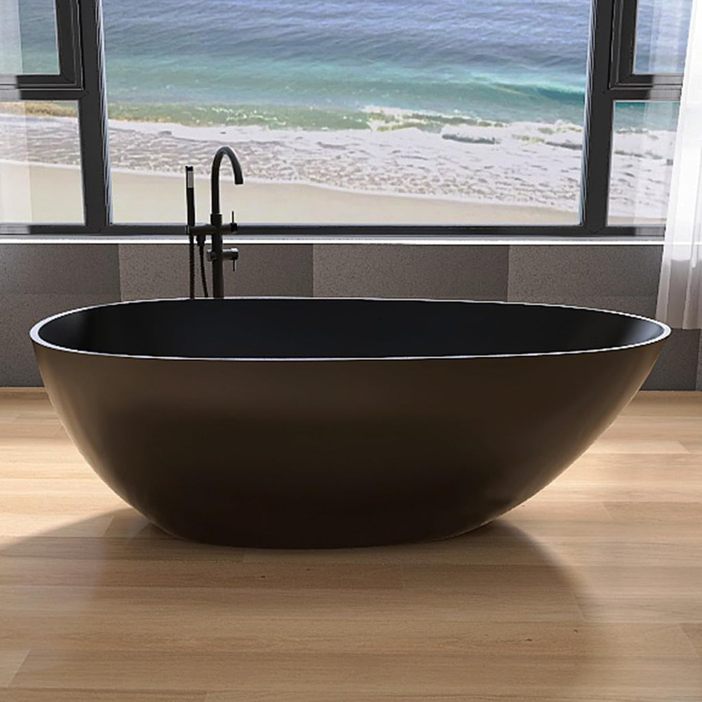 67' Freestanding Bathtub, Contemporary Soaking Bathtub, Easy to Install, Solid Surface Soaking Tub with Overflow and Pop-up Drain, Matte Black 302MB1700