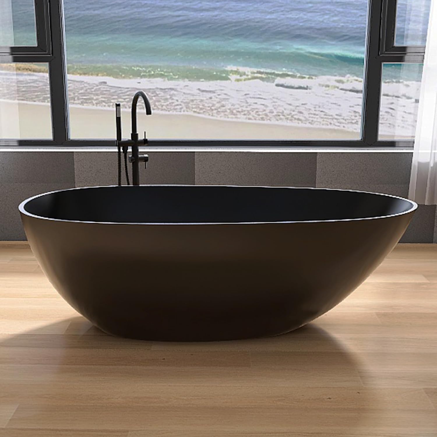 67' Freestanding Bathtub, Contemporary Soaking Bathtub, Easy to Install, Solid Surface Soaking Tub with Overflow and Pop-up Drain, Matte Black 302MB1700