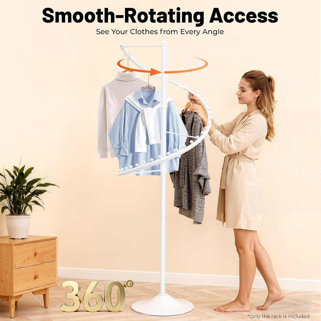 JOMCYDM Spiral Rotating Clothing Rack Heavy Duty Garment Rack Standing Scarf Holder 360 ° Metal Clothes Display Rack for Bedroom Living Room Retail Stores (White)