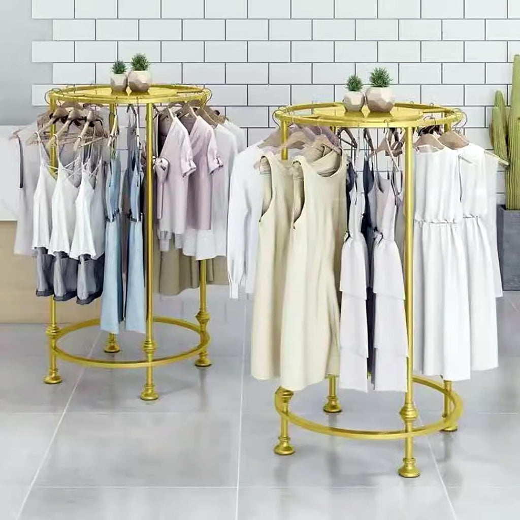 Freestanding Round Garment Rack,Retail Clothing Rack for Clothes Storage, Heavy-Duty Metal Cloth Display Rack Hanger with Topper(27.5' W x 51.5' H, Gold)