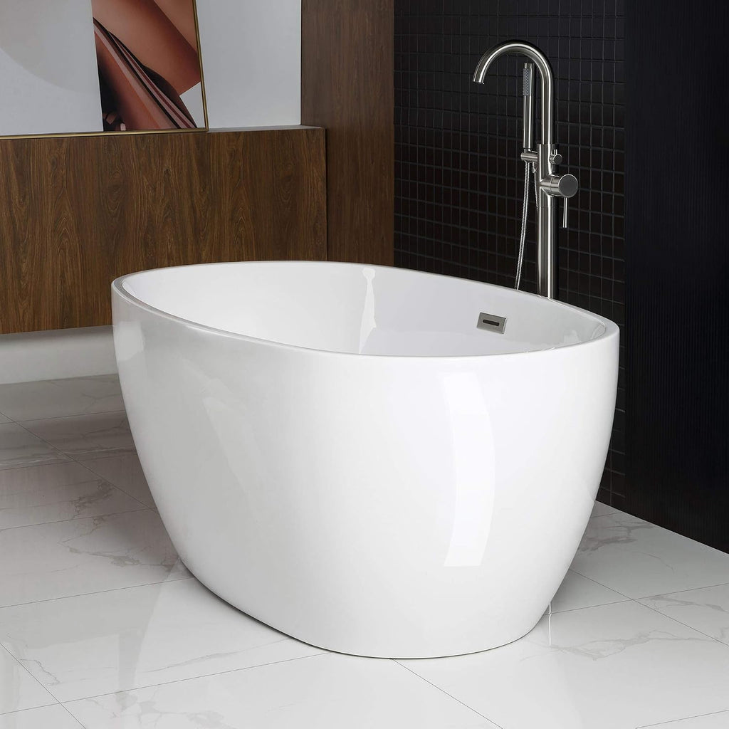 WOODBRIDGE 59'Freestanding White Acylic Soaking Bathtub with Brushed Nickel Drain and Overflow,BTA1518 -B/N-Drain &O