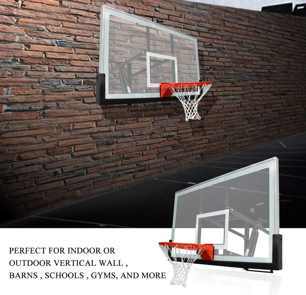 Basketball Hoop Garage Mounted Wall Adjustable-Height, with 60''x36''Tempered Glass Backboard, Pro-Style Breakaway Rim, Durable Bracket and All Weather Net