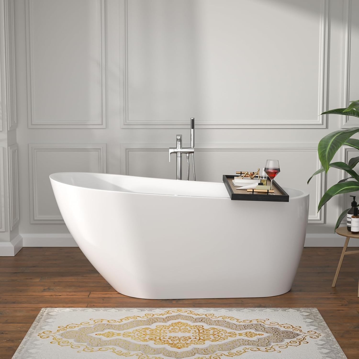 59' Freestanding White Acrylic Slipper Bathtub – Elegant Soaking Tub with Chrome Drain and Ergonomic Backrest for Luxurious Home Bathing, YSB9212