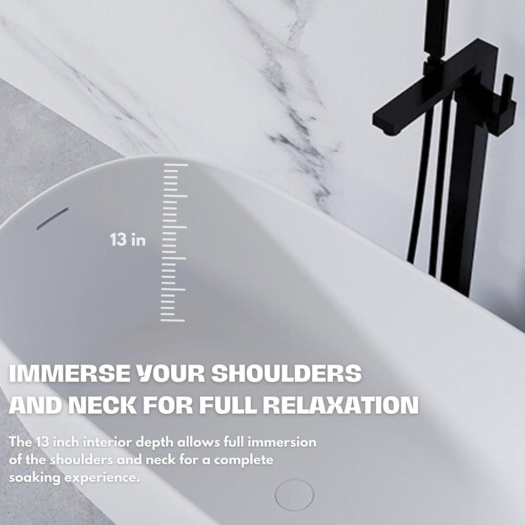 H2O Rectangular 59 in. x 30.7 in. Solid Surface Stone Resin Freestanding Bathtub, 13 in. Soaking Depth, Ergonomic Backrest, Matte White, Center Drain with Overflow, Durable, Easy to Clean