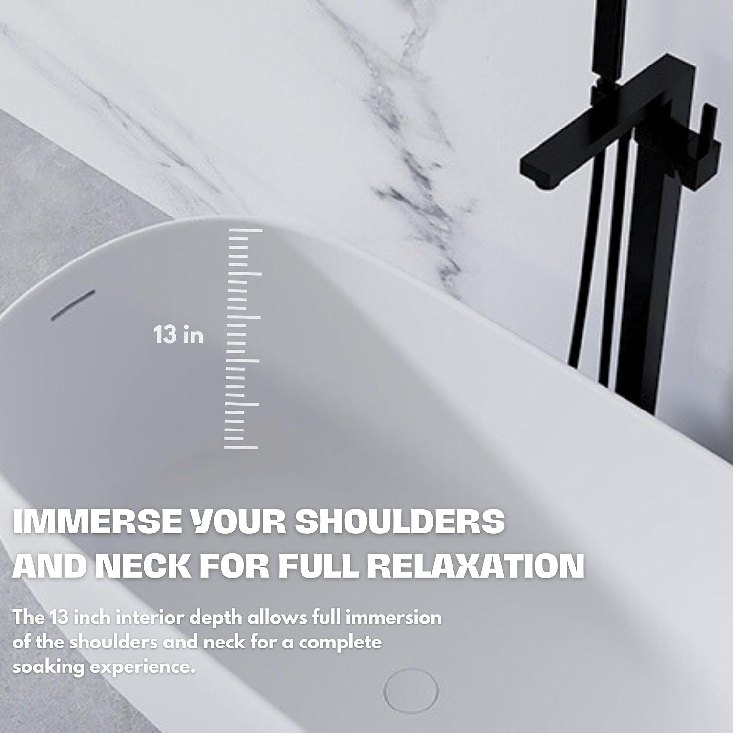 H2O Rectangular 59 in. x 30.7 in. Solid Surface Stone Resin Freestanding Bathtub, 13 in. Soaking Depth, Ergonomic Backrest, Matte White, Center Drain with Overflow, Durable, Easy to Clean