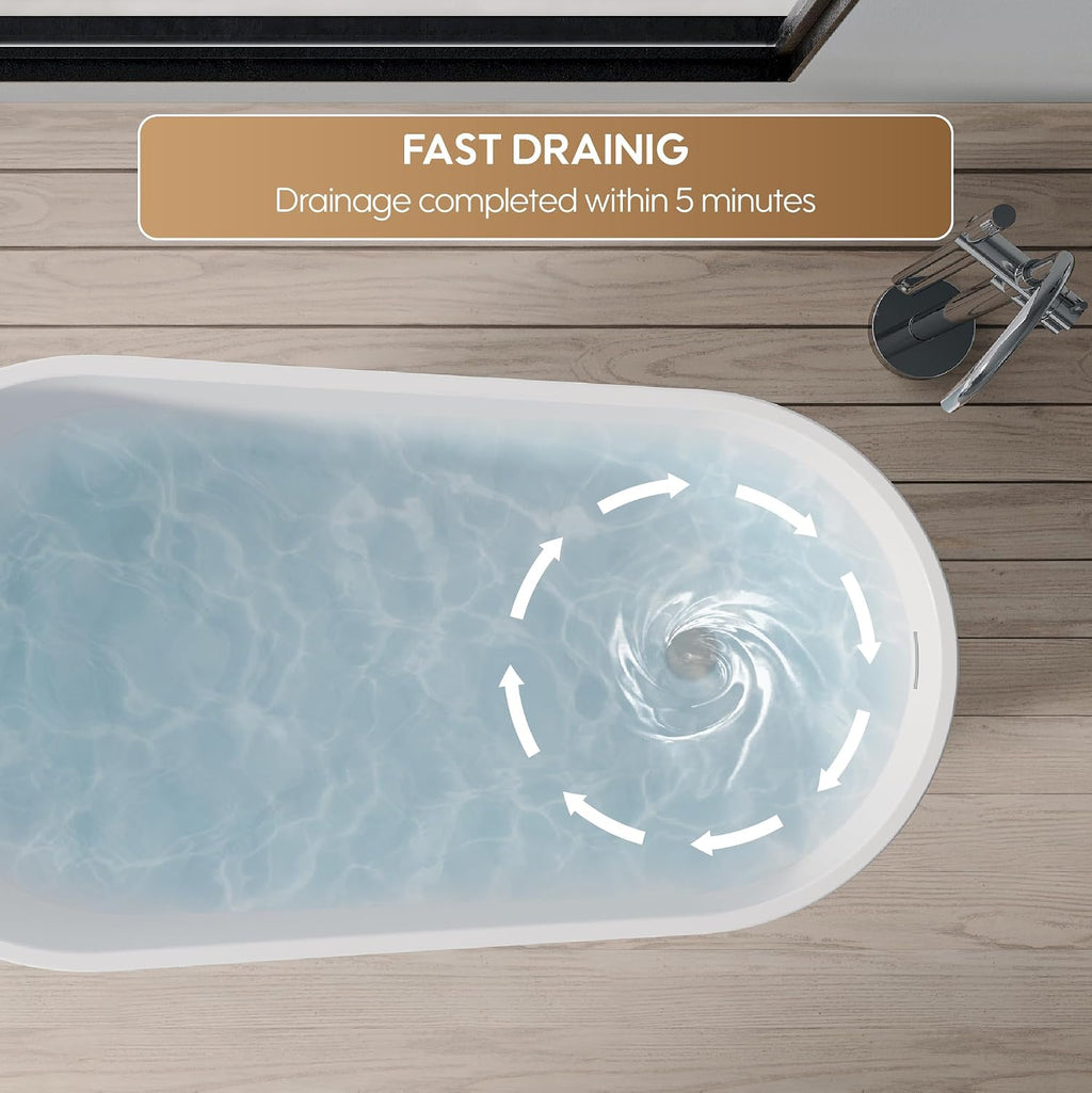 WELLFOR 59-Inch Freestanding Glossy White Acrylic Bathtub with Chrome Bathtub Drain and Integrated Slotted Overflow, Freestanding Soaking Bathtub Glossy White, Acrylic Soaking Tub (Glossy White)