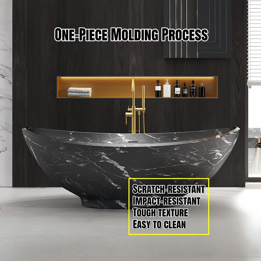 67' Edeyeu Freestanding Bathtub – Solid Surface Bathtub With Marble Texture, Extra Deep Soaking Tub, Luxury Stand Alone Tub For Modern Bathroom Ergonomic Design White