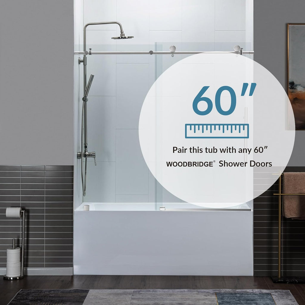 WOODBRIDGE 60' Acrylic Rectangular Alcove Soaking Bathtub in White with Left Drain, Brushed Nickel pop-up Drain Included, LB429-L