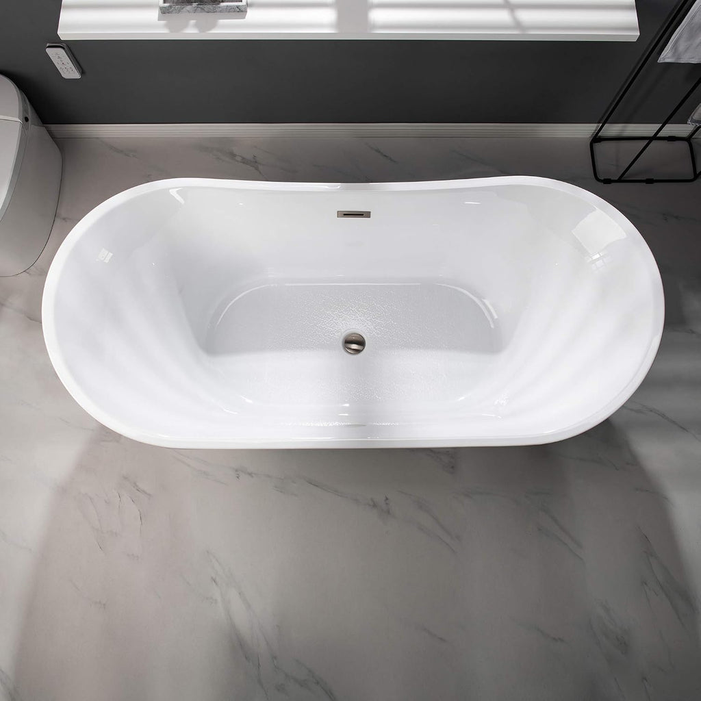 WOODBRIDGE 67' Acrylic Freestanding Bathtub Contemporary Soaking Tub, White Acrylic (Brushed Nickel Drain/Overflow) with Pillow