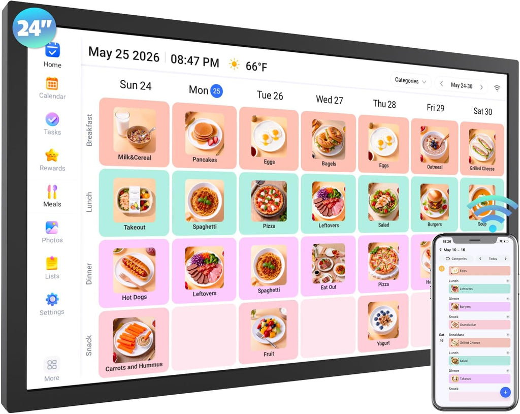 24' Digital Calendar Picture-Frame for-Wall-Planner - Interactive Display Electronic Calendar Picture Frame, Star Reward, Chore Chart, Sync Online iCloud Outlook Calendar, Wall Mount, Gift for Mom Dad