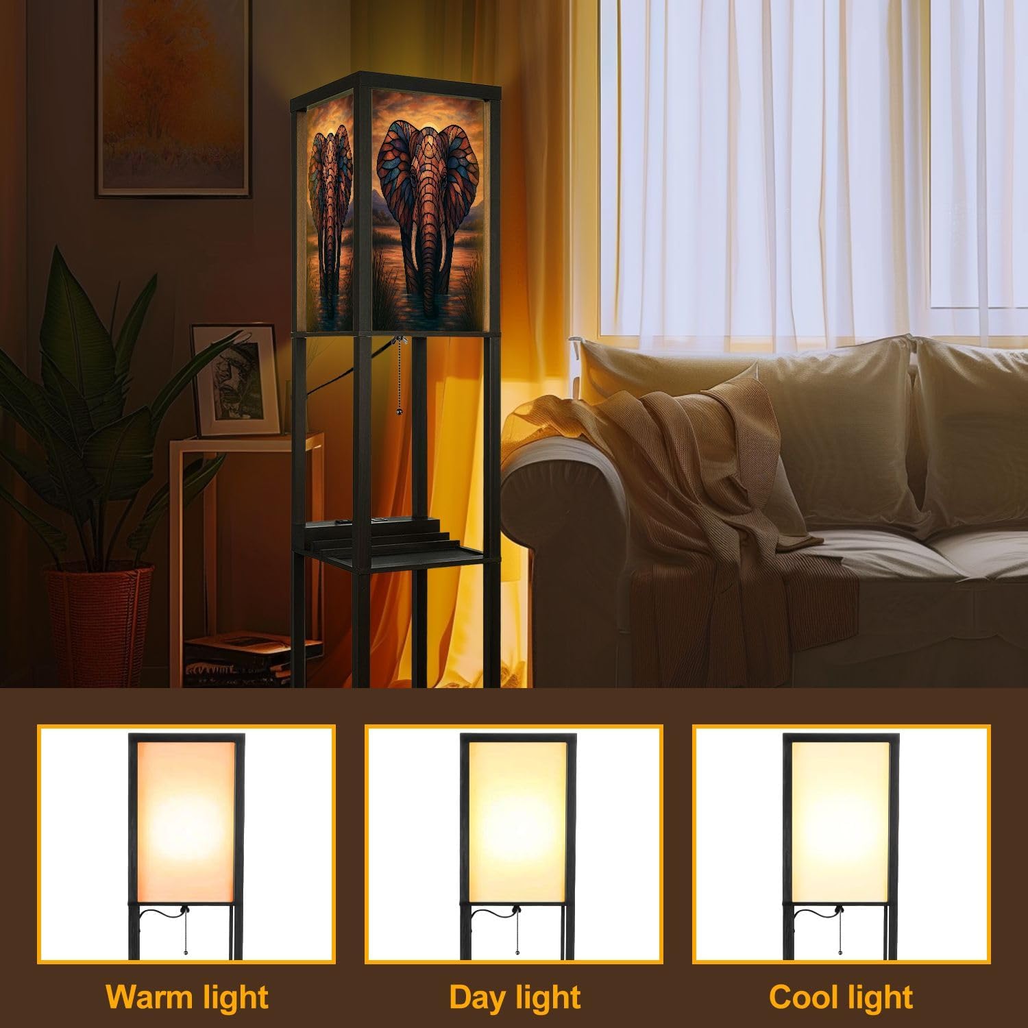 Floor Lamp with Shelves Colored Glass Elephant Sunset Standing Tall Lamp USB Ports & Power Outlet Modern Corner Lamp Nightstand Light for Living Room Bedroom