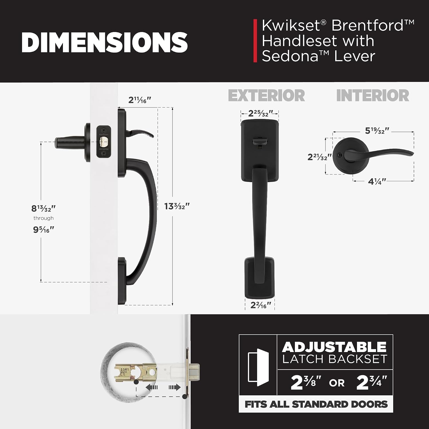 Kwikset Brentford Front Door Handle No Lock, Entry Handleset Exterior with Sedona Interior Reversible Lever, Non-Locking, Matte Black, Deadbolt Not Included