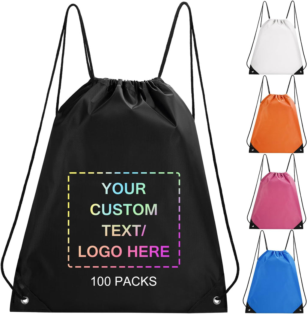 Fyore 100 Pack Custom Drawstring Backpacks, Personalized Drawstring Sports Bags with Your Logo Text for Gym Beach Climb Trips Party Events- 13.4x17Inch,12 Colors