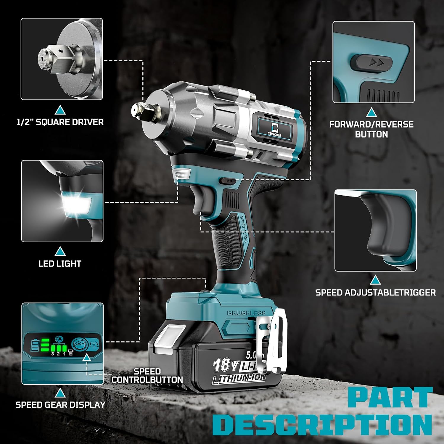Cerycose Cordless Impact Wrench 1/2 inch for Makita Battery, 900Ft-lbs Brushless High Torque Impact Gun with 2x5.0AH Battery